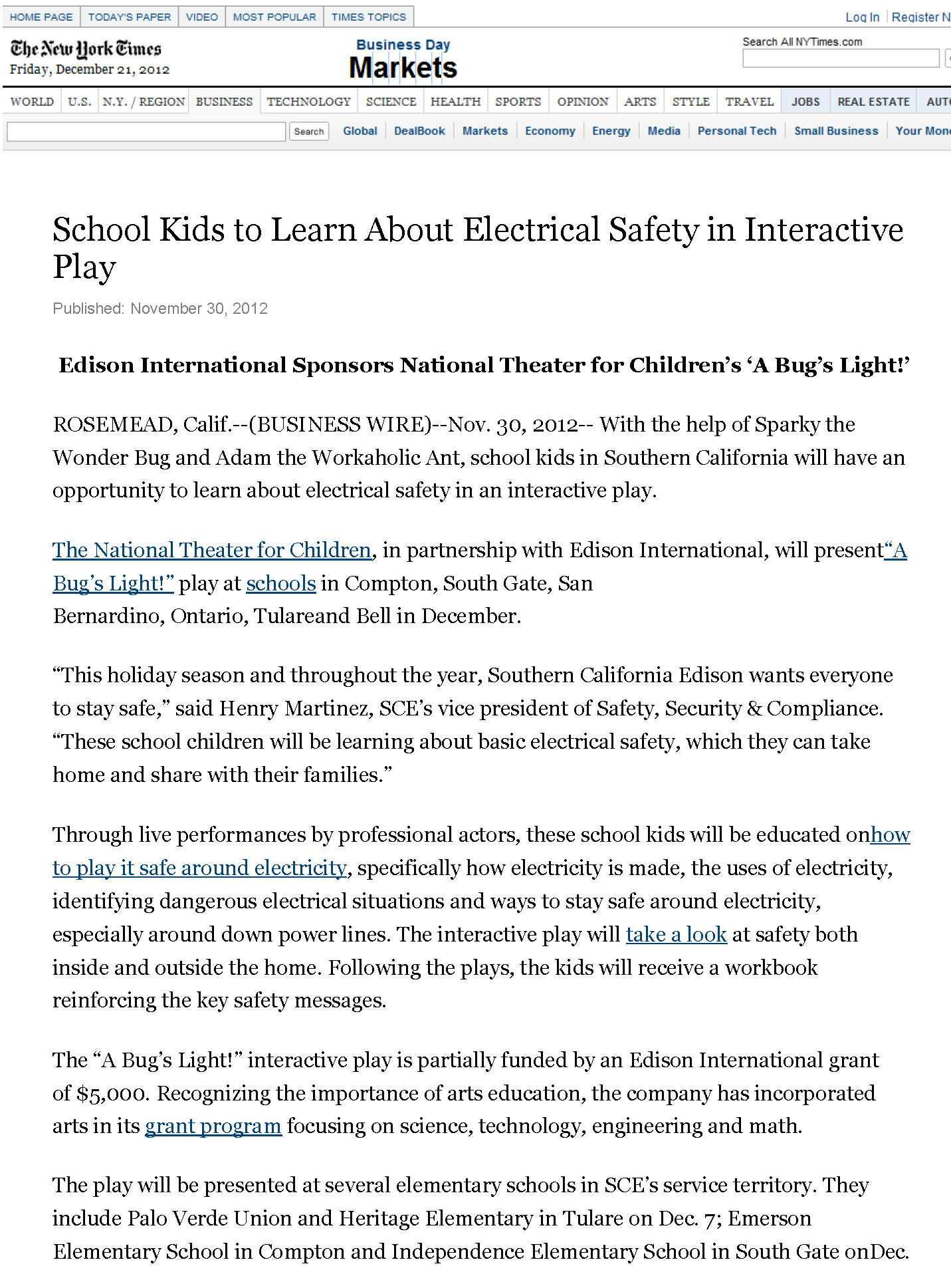 School Kids to Learn About Electrical Safety in Interactive Play_NY Times_Page_1